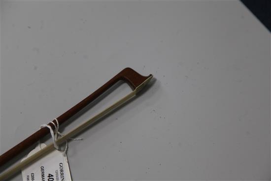 A German nickel mounted violin bow, stamped W E Dorfler, 64g